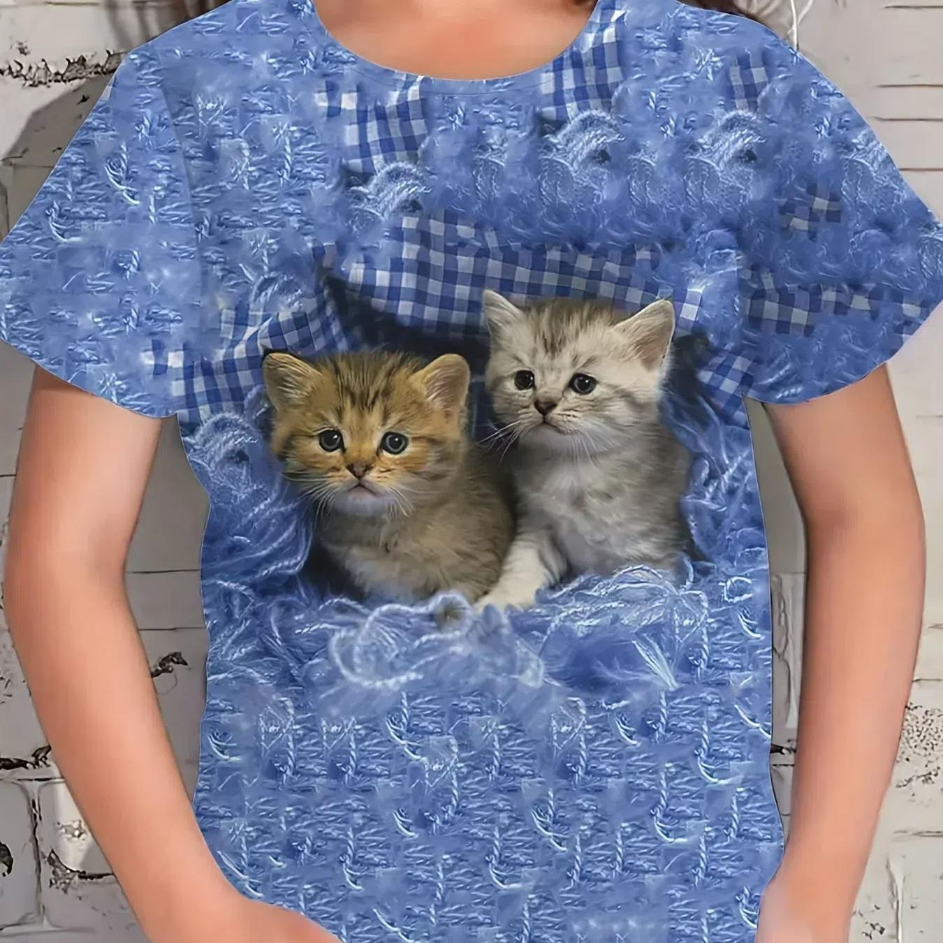 

Летняя детская футболка с милым 3D принтом кота, модный дышащий топ, высокое качество, подарок на день рождения с короткими рукавами 160