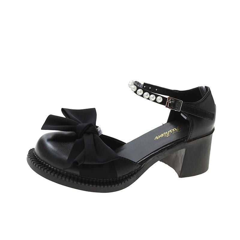 

Босоножки Baotou Bow женские 2025 года лета новые модные ретро толстые каблуки полые модные туфли Мэри Джейн с жемчугом 40 чёрный