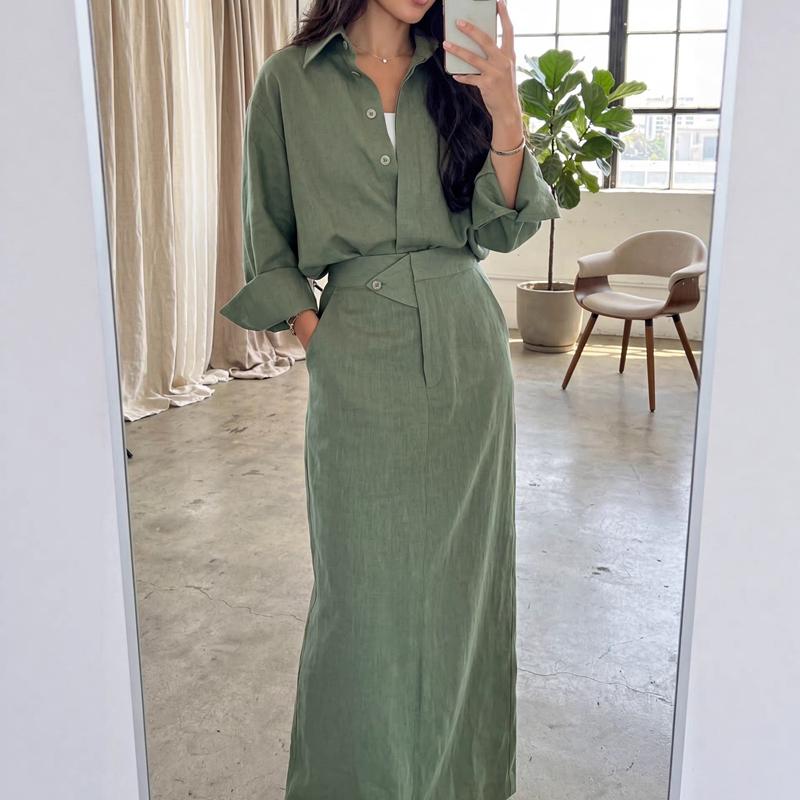 Elegant Women 2-Piece Linen Set Modest Oversized Button-Down Shirt + High Waist Maxi Skirt Casual Chic Co-ord Outfit for Spring