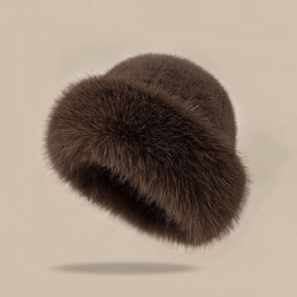 Sombrero de Cubo de Piel Sintética de Visón Mullido Sombrero de Invierno de Color Sólido Gorro Ruso Clima Frío