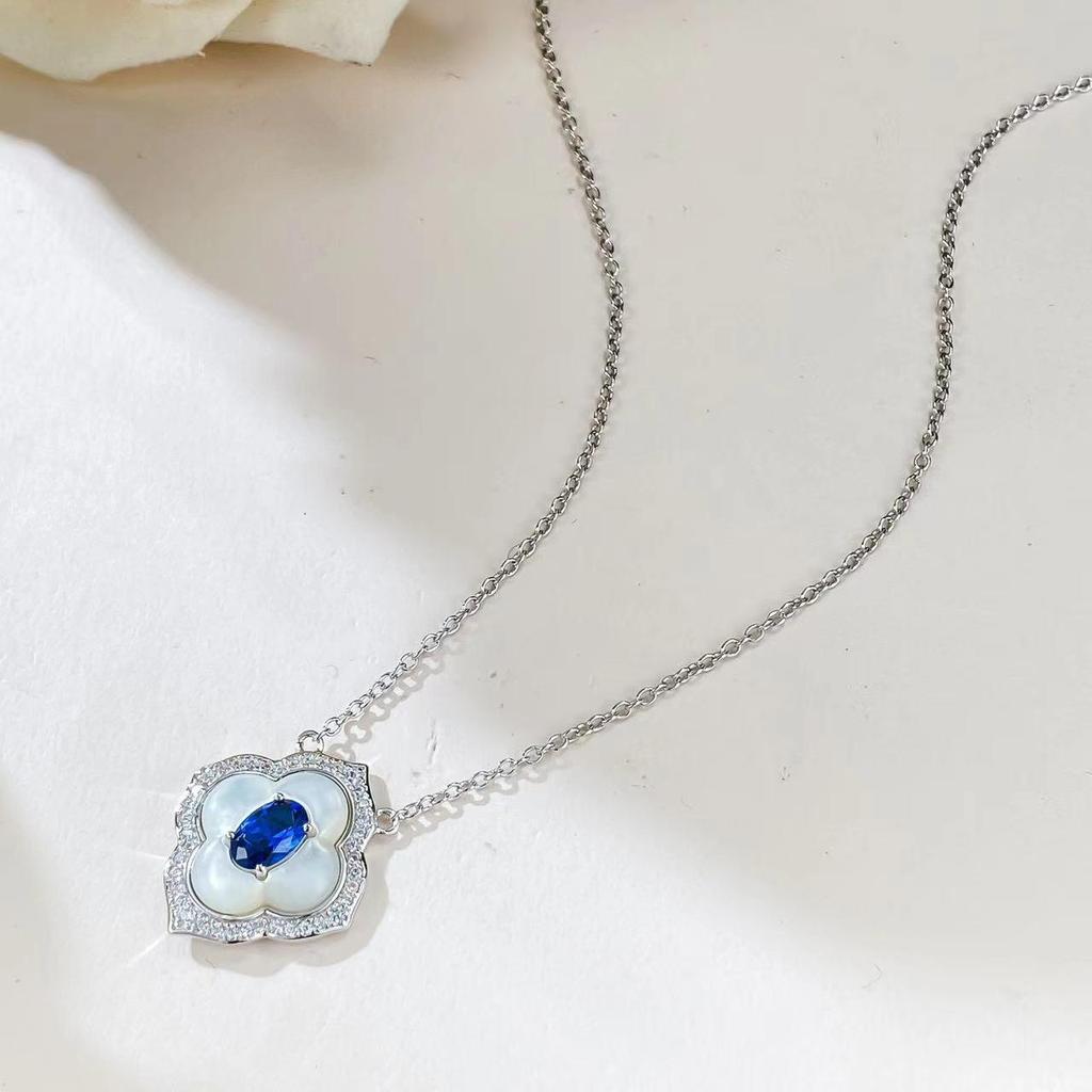 Lulu Tongzhu S925 Silver Necklace with White Mother-of-Pearl & Royal Blue Inlay 4x6mm Clavicle Chain Pendant for Women.