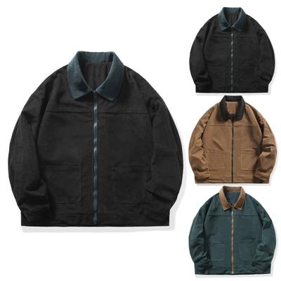Men Corduroy Jacket Lapel Collar Long Sleeve Patchwork Color Casual Jacket Coat with Pockets Zipper Placket Outwear