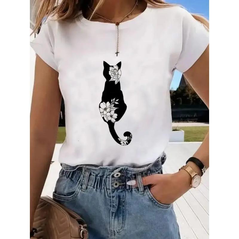 Short Sleeve Print Clothes Women Spring Summer Female Tee Fashion Cat Love Sweet Valentine Shirt Lady Graphic T-shirt