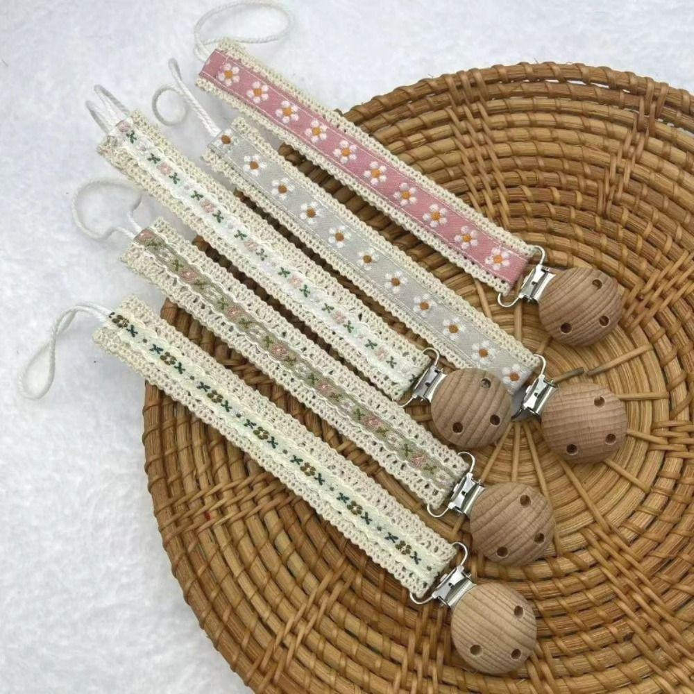 Wooden Dummy Nipple Holder Cute Flower Print Teether Pendant New Baby Pacifier Chain  Baby Use