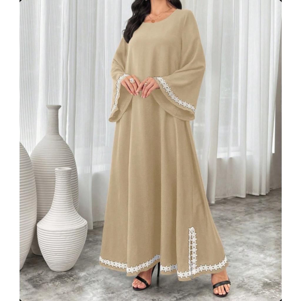 Patchwork White Lace Trim Crew Neck Split Flowy Midi Dress, Popular in Middle East Dubai for Women