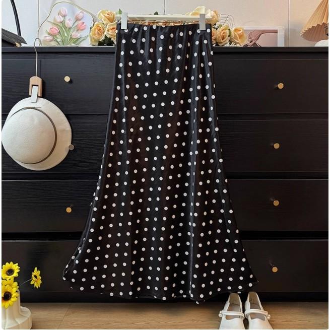 Qooth Retro Trendy Polka Dot Stain Mermaid Skirt Women Slim Mid Length for Spring Summer QT2611