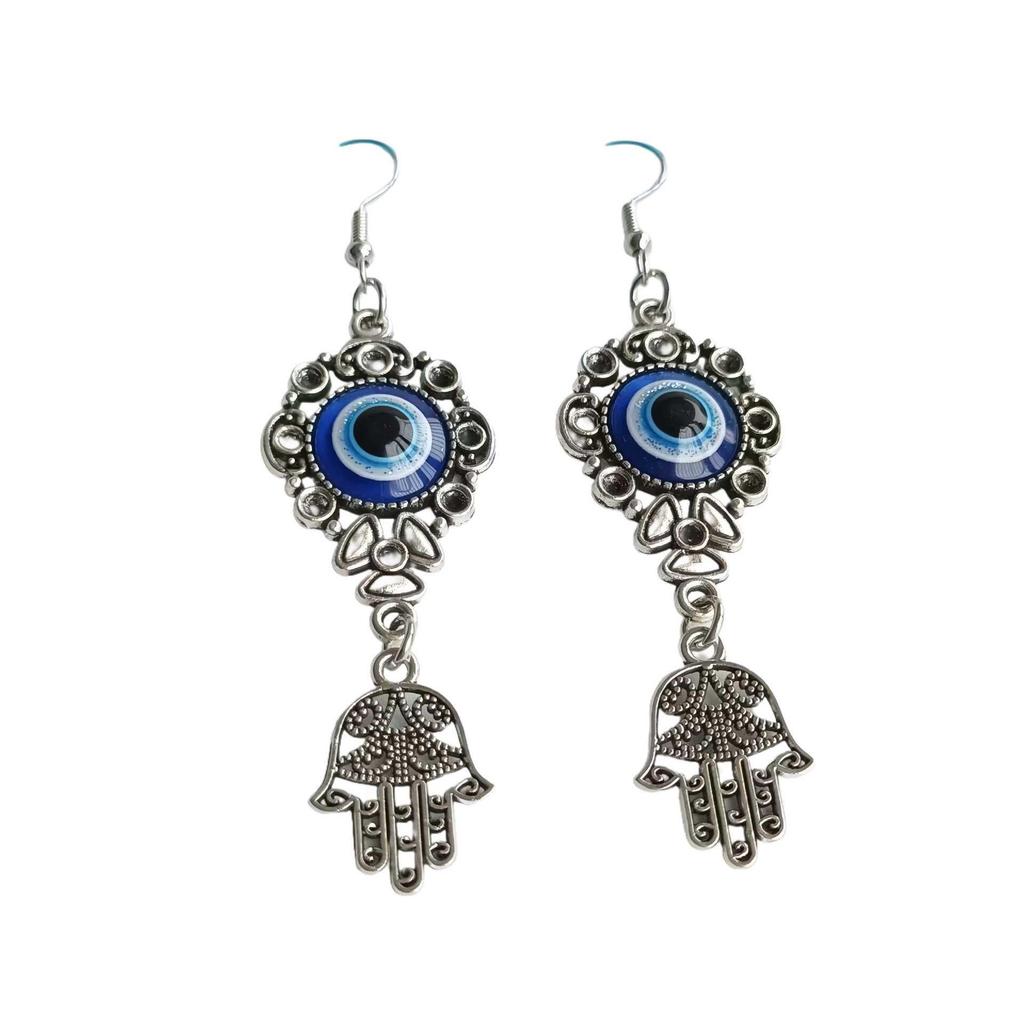 Bohemian Blue Evil Eye & Fatima Hand Drop Earrings