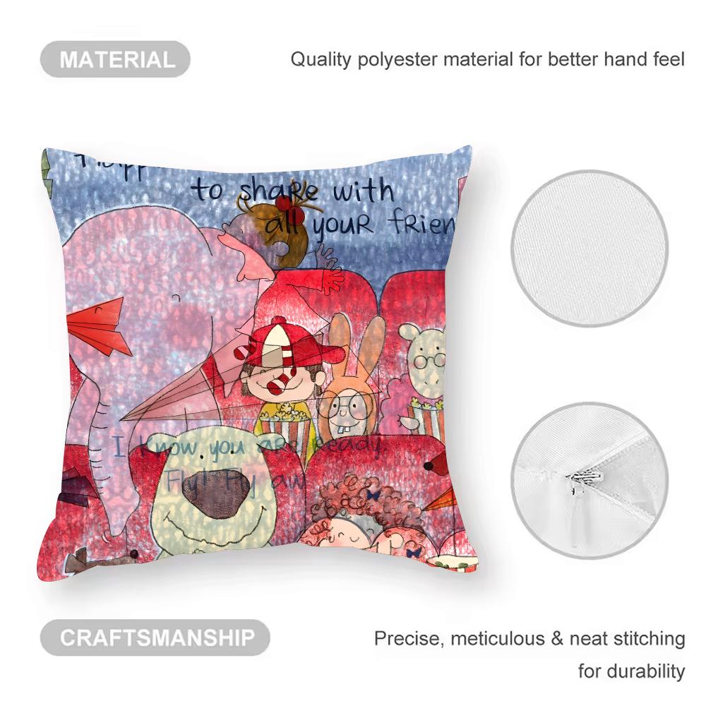 Japanese Cartoon Illustrations Cushion Cover Anti-dustmite Pillowcase Invisible Zipper Silky Short Plush Sofa Cushion Cover