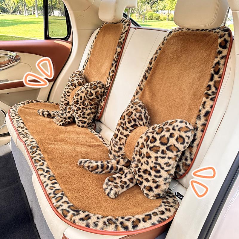 Leopard Print Winter Car Seat Cushion, Thick Warm Rabbit Fur, Soft & Comfortable Interior Cushion