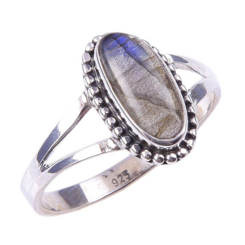 Bague en Pierre Gemme Labradorite Naturelle Faite Main en Argent Sterling Massif 925 T.10 i4J28