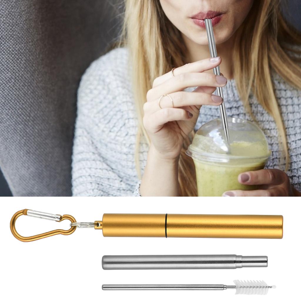 Retractable Stainless Steel Reusable Straw Kit(Gold Aluminum Case  Straw + Brush   Carabiner )