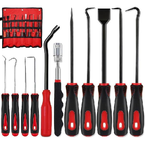 KEZE 11Pcs Carbon Steel Precision Pick & Hook Set with Scraper and Magnetic Telescoping Tool Kit for Remove Automotive Electronics Maintenance Hoses Red-11 Hook and Pick Set