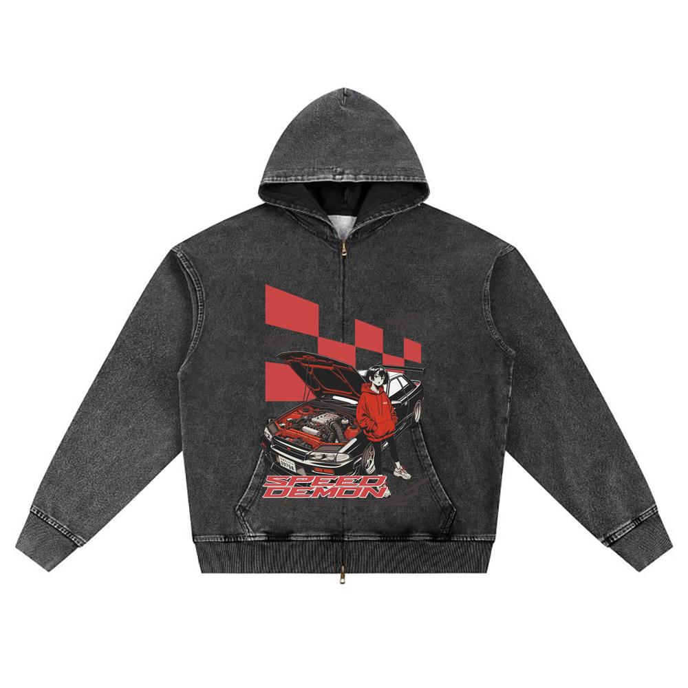 

DTG print Knitted Denim Zip-Up Hoodie Racing Car Graphic Brother Print Zipper Hoodies S