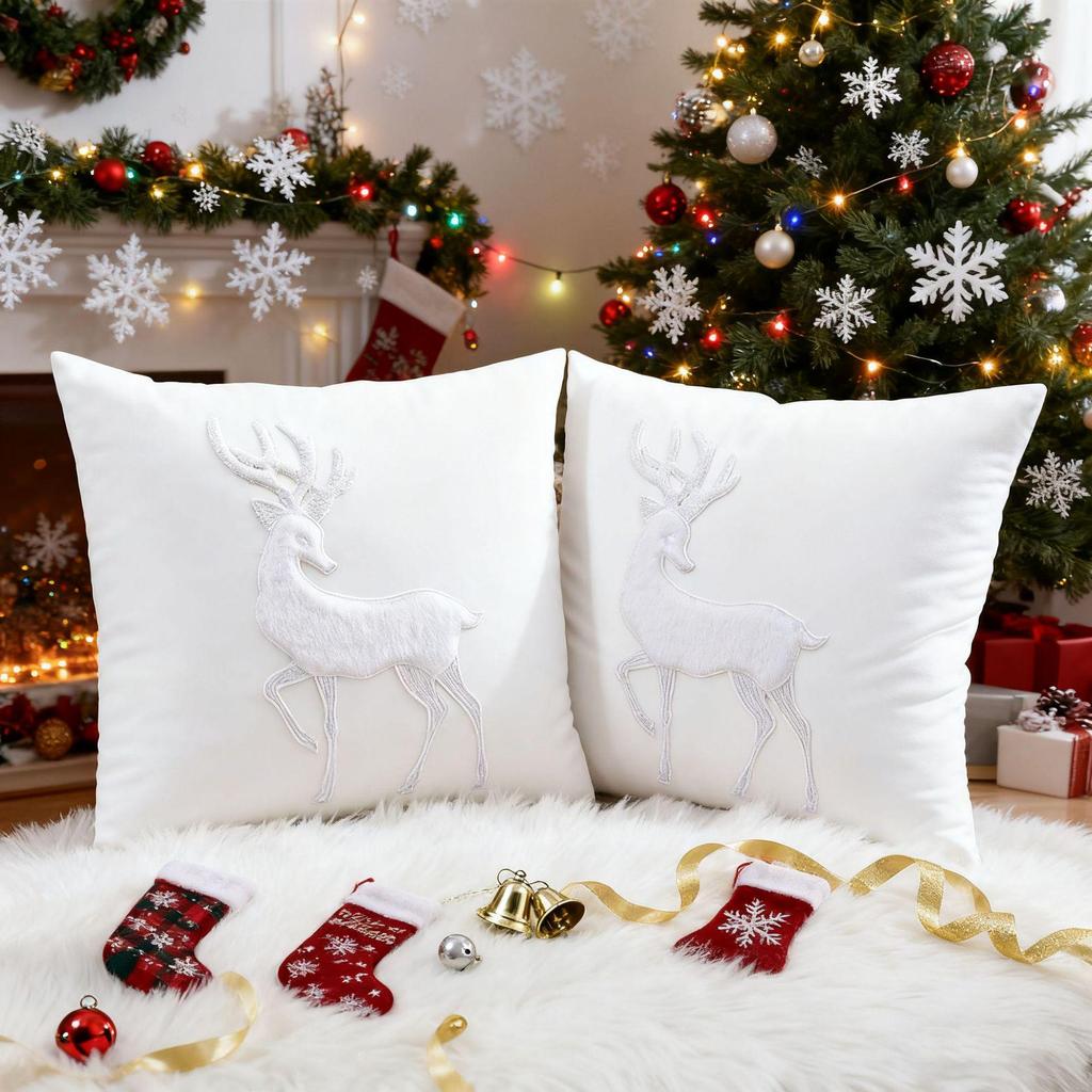 Reindeer Christmas Pillowcase, Winter Snowflake Embroidery Cushion Cover 45x45cm, Cross-border Bestseller