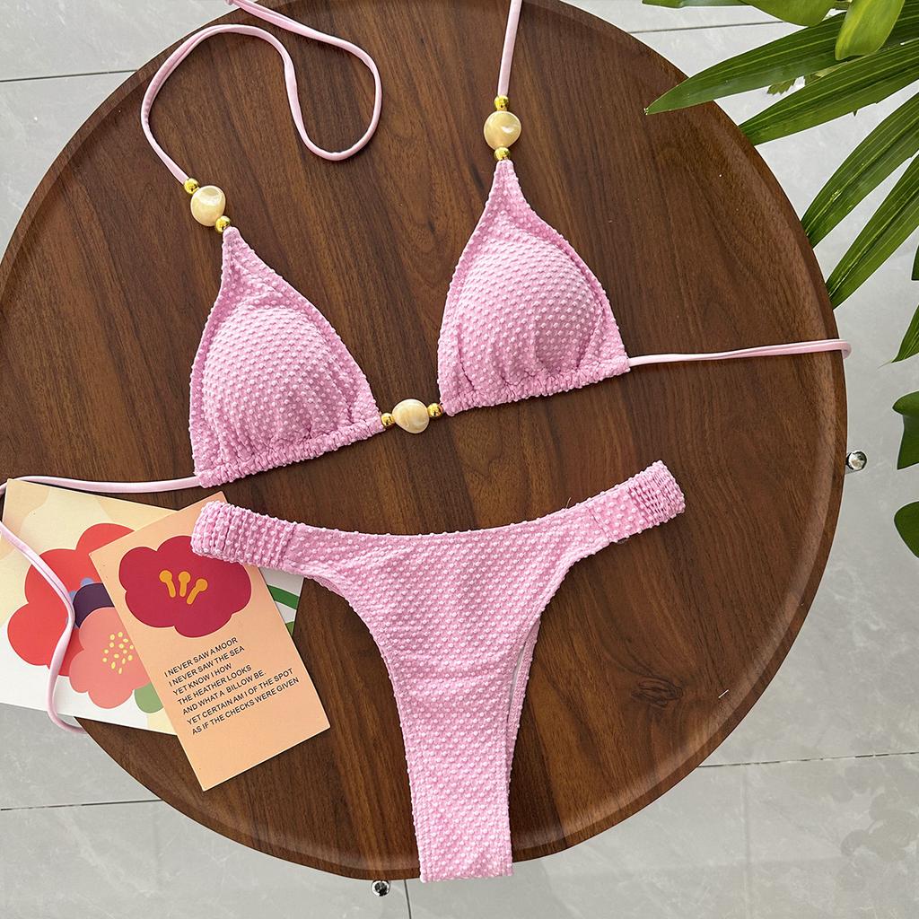 2026 European and American New Sexy Solid Color Neck Wearing Beads Beach Women Split Bikini Bikini Swimsuit