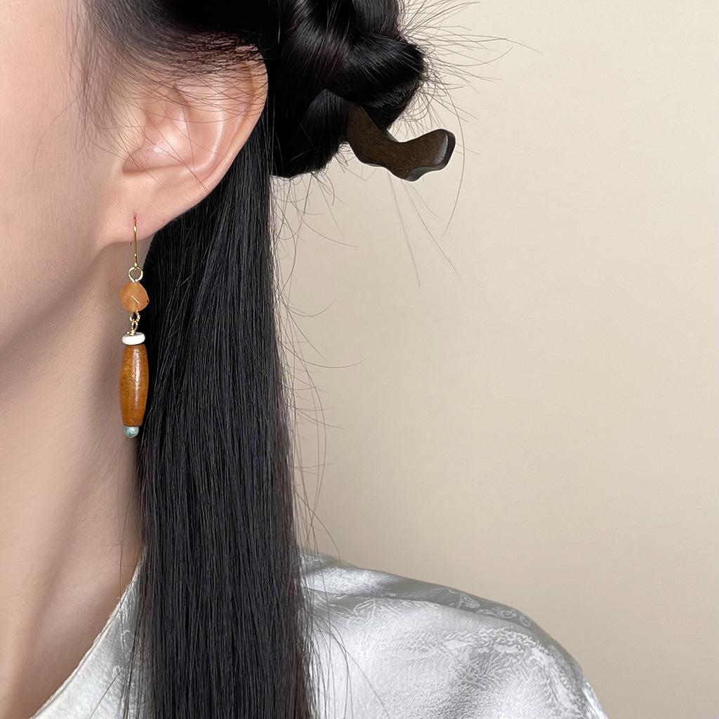 Handmade Retro Ethnic Natural Stone and Wood Earrings - Unique Literary Design in Ancient Style