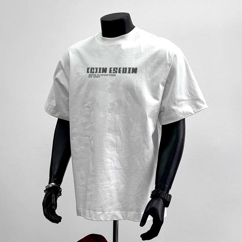 Heavyweight Men s Trendy Letter Print Round Neck Loose Fit Casual Pocket Tee S