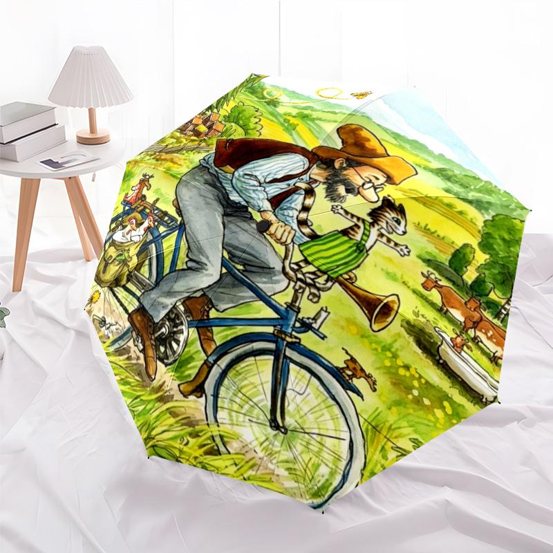 Pettson and Findus Print Folding Umbrella, Auto Open/Close, UV Protection, Windproof, Compact Travel Umbrella