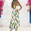 Women Plus Size Spaghetti Strap V Neck Sleeveless Green Blue Printed A Line Long Dress
