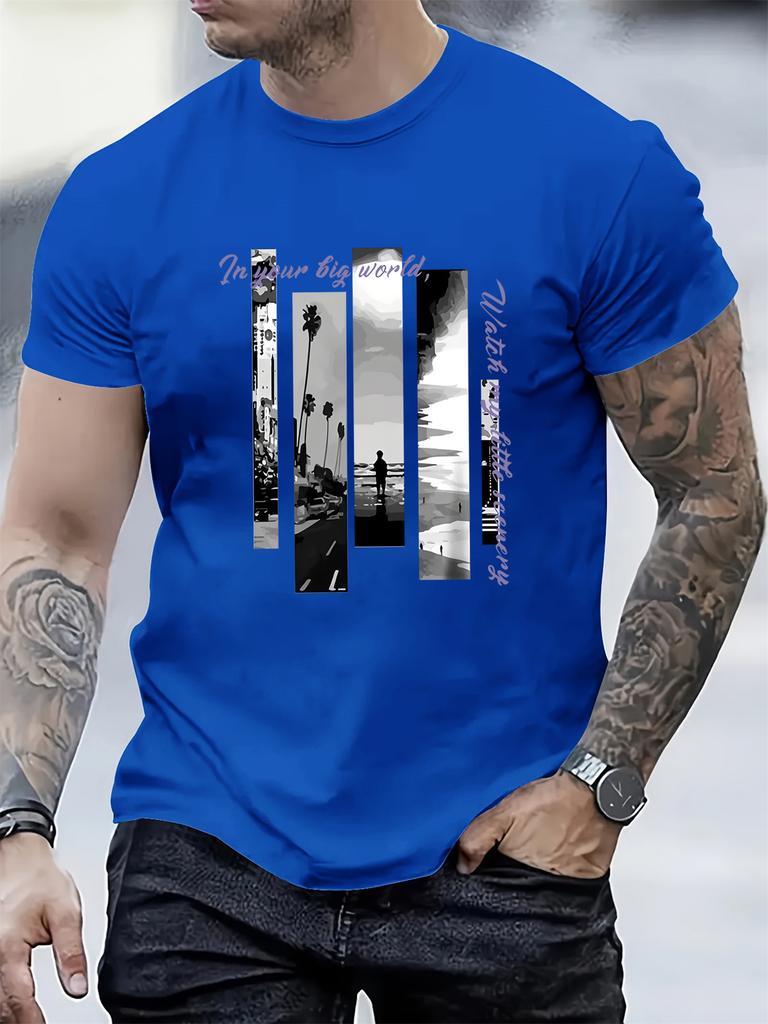 2026 Unisexs Summer 100 Cotton Casual Sports Loose Landscape Pattern Printed Round Neck Short Sleeve Outdoor Tshirt Daily Top