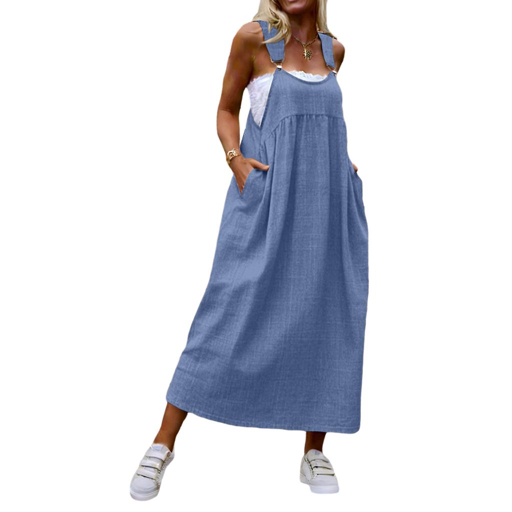 Women Sleeveless Solid Color Pinafore Dress Long Casual Loose Fit Adjustable Strap Maxi Dress with Pockets