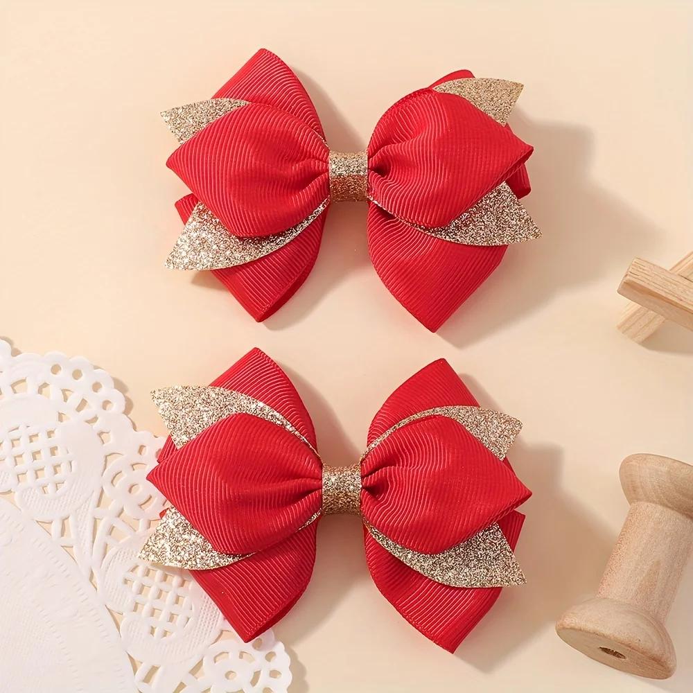 2Pcs Double Layer Glitter Bow Hair Clips for Girls Cute Grosgrain Ribbon Hair Accessories Children's Hairpins Bowknot Headwear