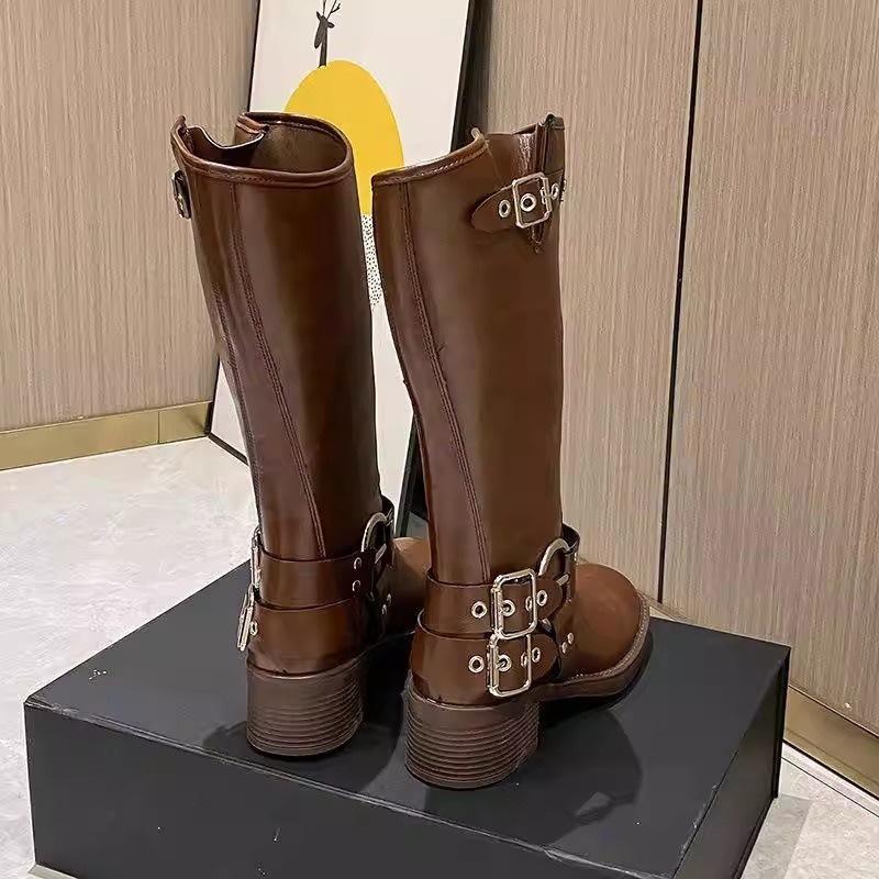 Popular Leather Boots Women's Spring and Summer New Retro Western Cowboy Boots Belt Buckle Martin Boots Soft Leather Sleeve Knight Boots Women
