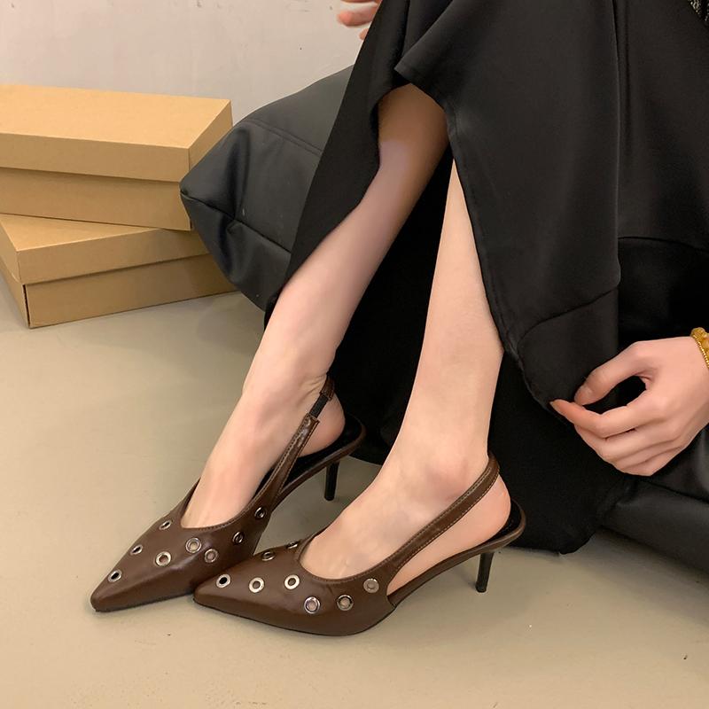 Fashion New Summer Women's Sandals Metal Rivet High Heels Footwear Elegant Slingback Pointed Slip On Party Lady Pumps Shoes