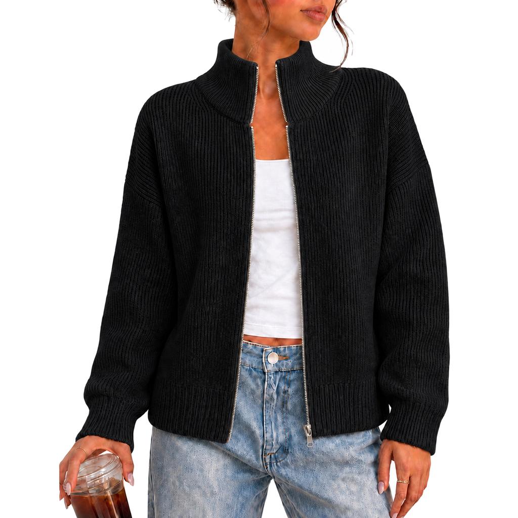 Women's Semi-High Neck Zippered Knit Cardigan, Strip Thickened Premium Coat, Versatile Top for Spring, , and Winter
