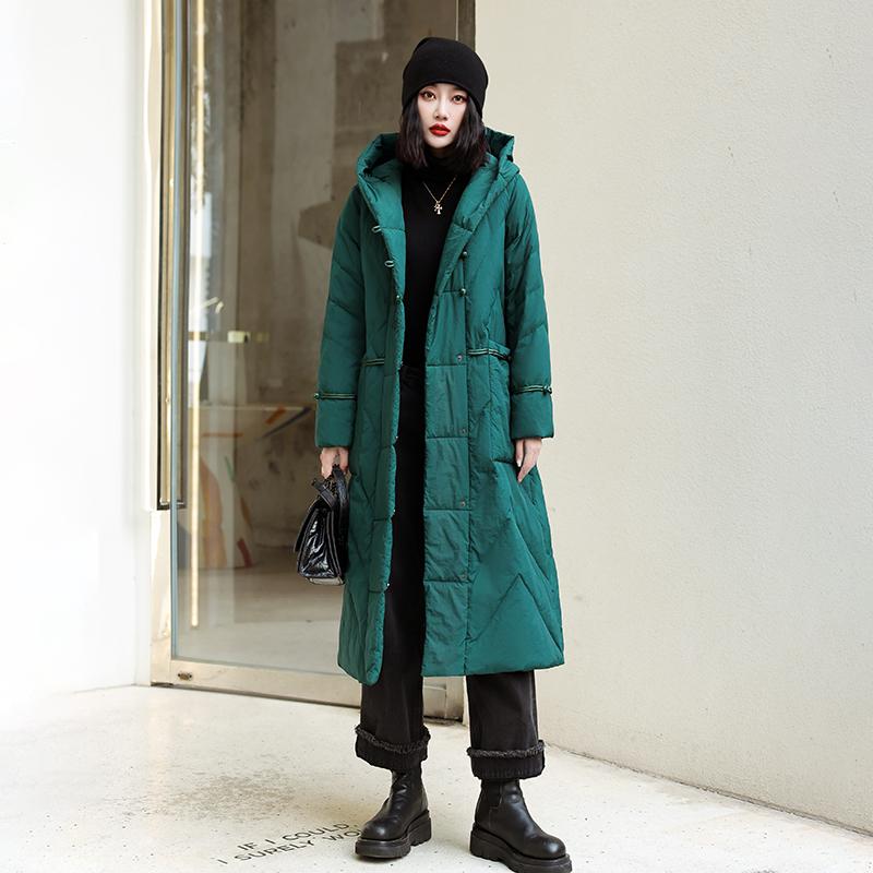 Women Autumn Winter Hooded Neck Long Sleeve Solid Color Single Breasted Knot Loose Warm Long Coat