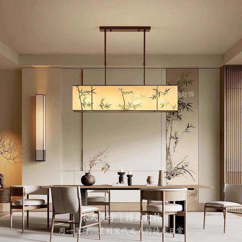 New Chinese Style Dining Room Pendant Light - Zen-Inspired Lamp for Tea Room, Dining Table & Bar Counter, Retro Long Strip Light