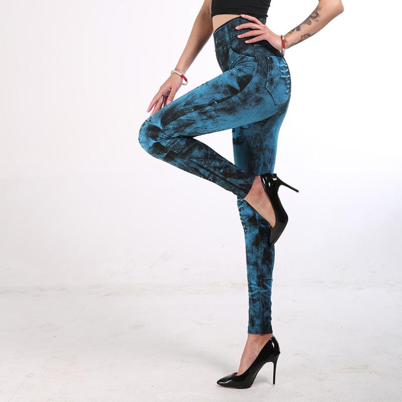 Women Slim Cropped Trousers Elasticity Casual Pants Imitation Denim High Waist Push Up Leggings