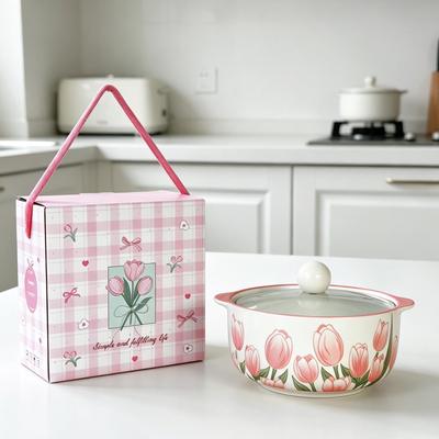 Girly Heart Tulip Ceramic Double-Ear Soup Bowl, Large Capacity, High Temperature Resistant, Ideal for Instant Noodles and Luosifen.