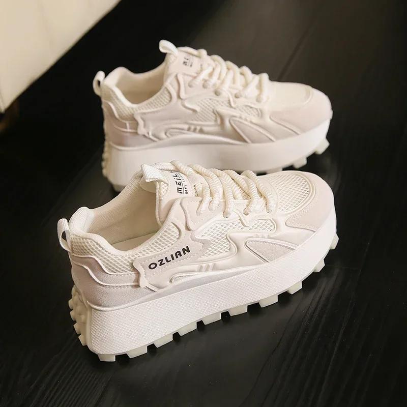 Fashion 2024 Air Mesh Leather Synthetic Chunky Sneaker Mixed Colors Heels Comfy Platform Breathable Autumn Vulcanize Shoes 5 Cm