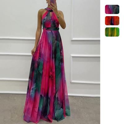 Women Halter Neck Sleeveless Printed Tie Waist Flowy Hem Dress, Casual Fashion Summer Dress for European American Women