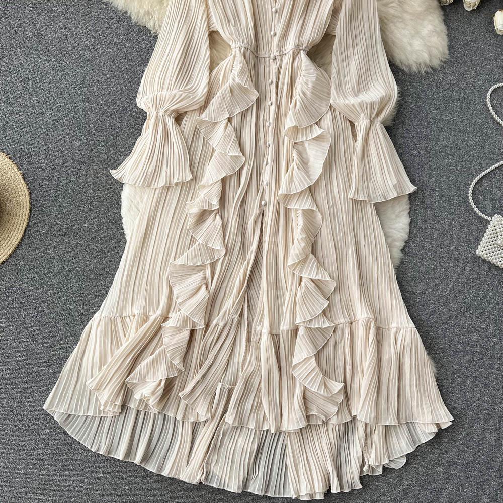 YYFS Women's Fashion Spring Fall Solid Color Print Long Sleeve V-Neck High Waist Casual Dresses