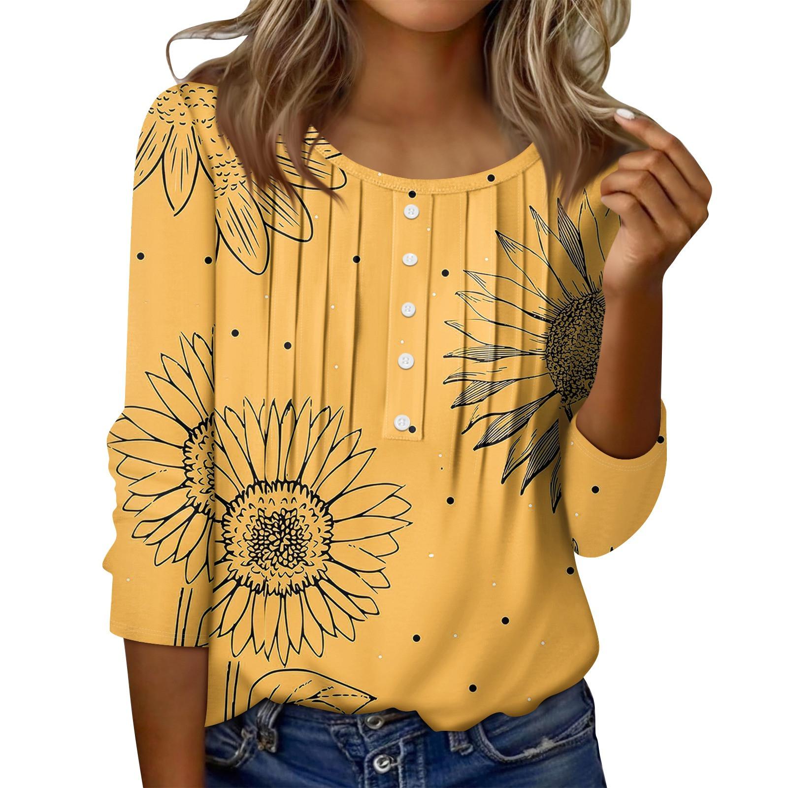 

Женский топ с круглым вырезом, декоративными пуговицами и полосками, повседневная футболка однотонного цвета с рукавом 3/4 XL жёлтый
