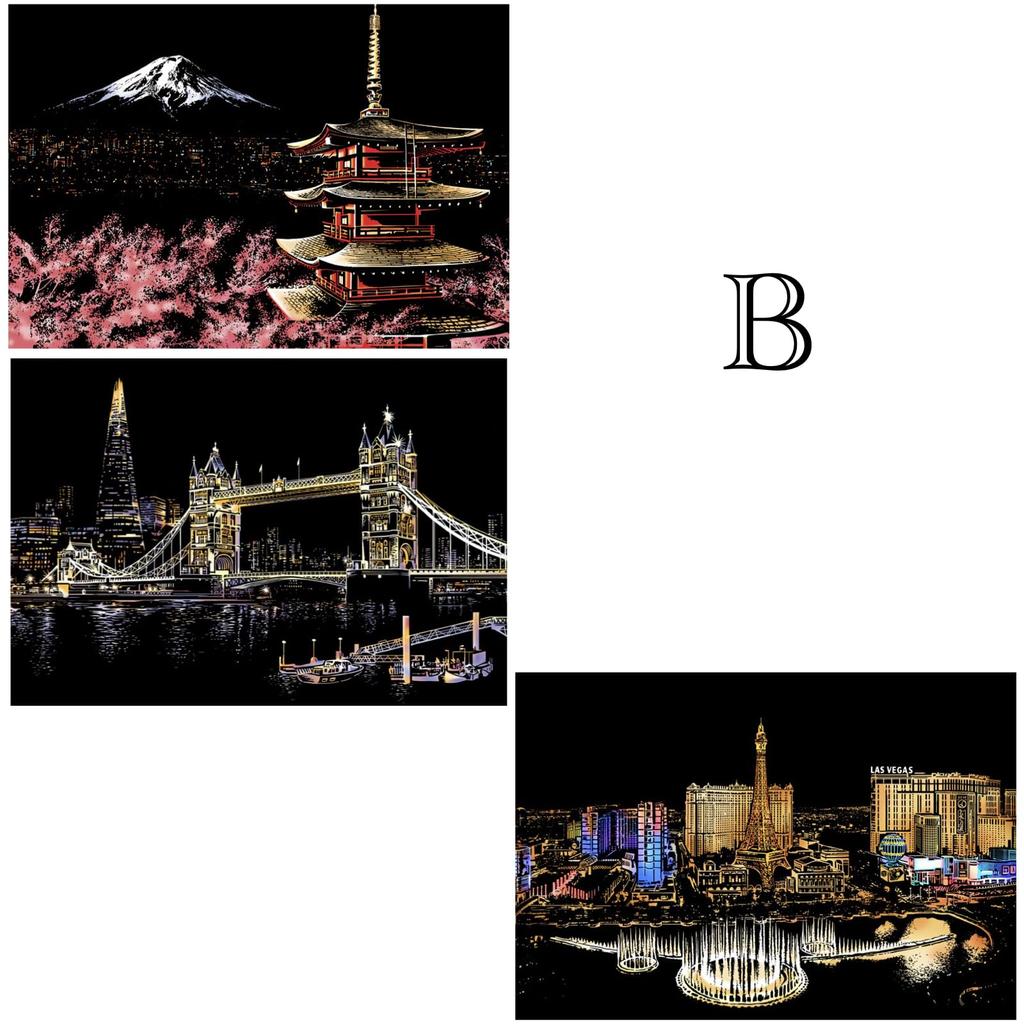 Scratch Art Kit A3 Set Landscape Hobby Interior Adult Beginner Set Home Decor Art (ADOSSY) (B)