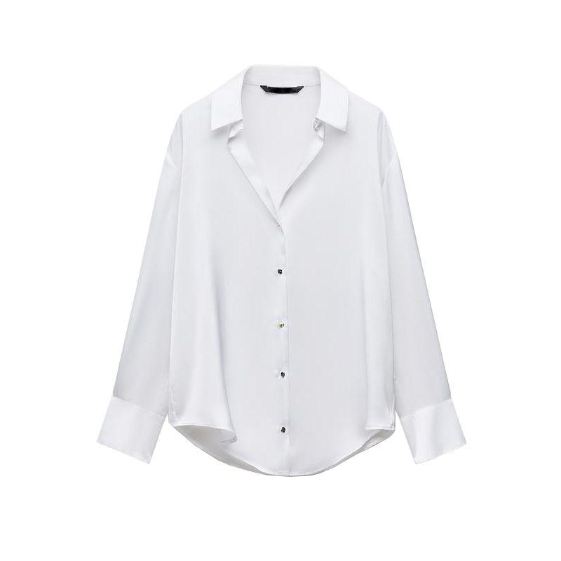 Spring New Women's Clothing French Style Retro Lapels Long Sleeves Minimalist Easiest for Match Silk Satin Textured Shirt 2074580