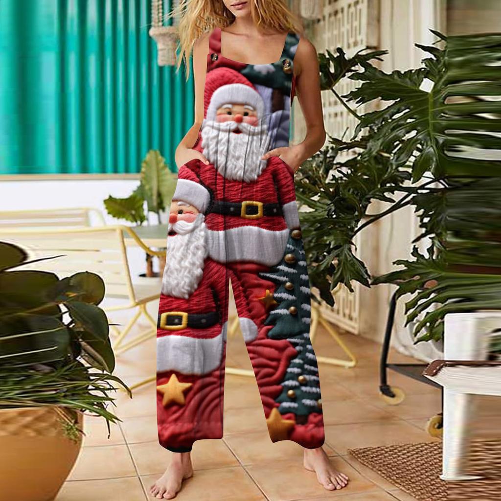 Women's Casual Jumpsuit Sleeveless Christmas Printed Cotton Jumpsuit