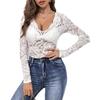 V Neck Fan Trim Single Layer Lace Long Sleeve T Shirt Slim Flattering Women Fashion Daily Basic Office Lady Casual Slim Fit Ladies Elegant Top