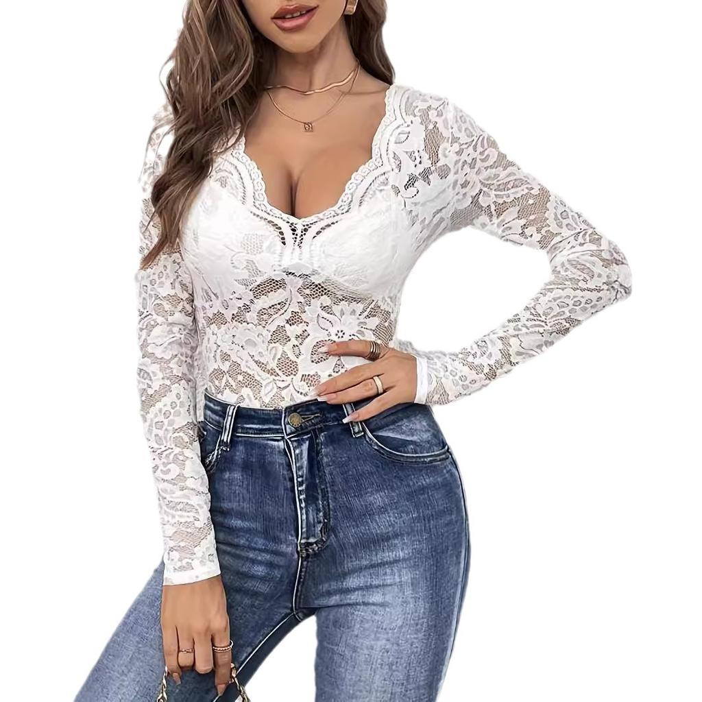 V Neck Fan Trim Single Layer Lace Long Sleeve T Shirt Slim Flattering Women Fashion Daily Basic Office Lady Casual Slim Fit Ladies Elegant Top
