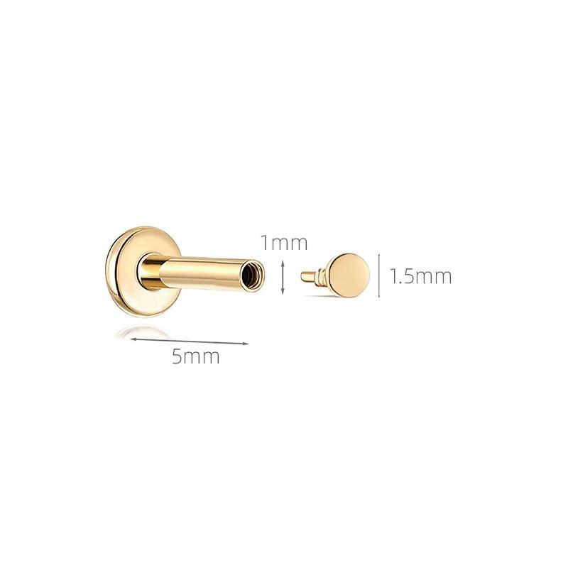 Solid 18K Gold Internally Threaded Nose Stud Earring Smooth Round Cartilage Flat Base Short Post Body Piercing Jewelry