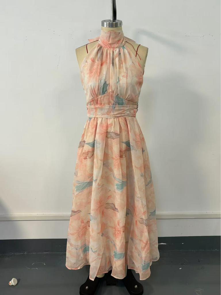 Vestido de Verano 2026 sin Mangas Estampado con Espalda Descubierta y Tirantes - Estilo Vacacional Europeo y Americano para Mujer