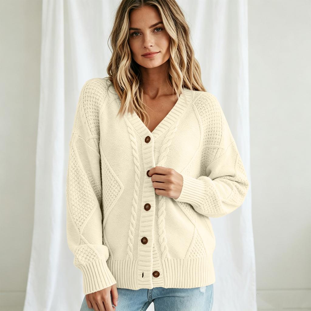 Women's Color Long Sleeve V-Neck Buttoned Cable Knit Cardigan Sweater