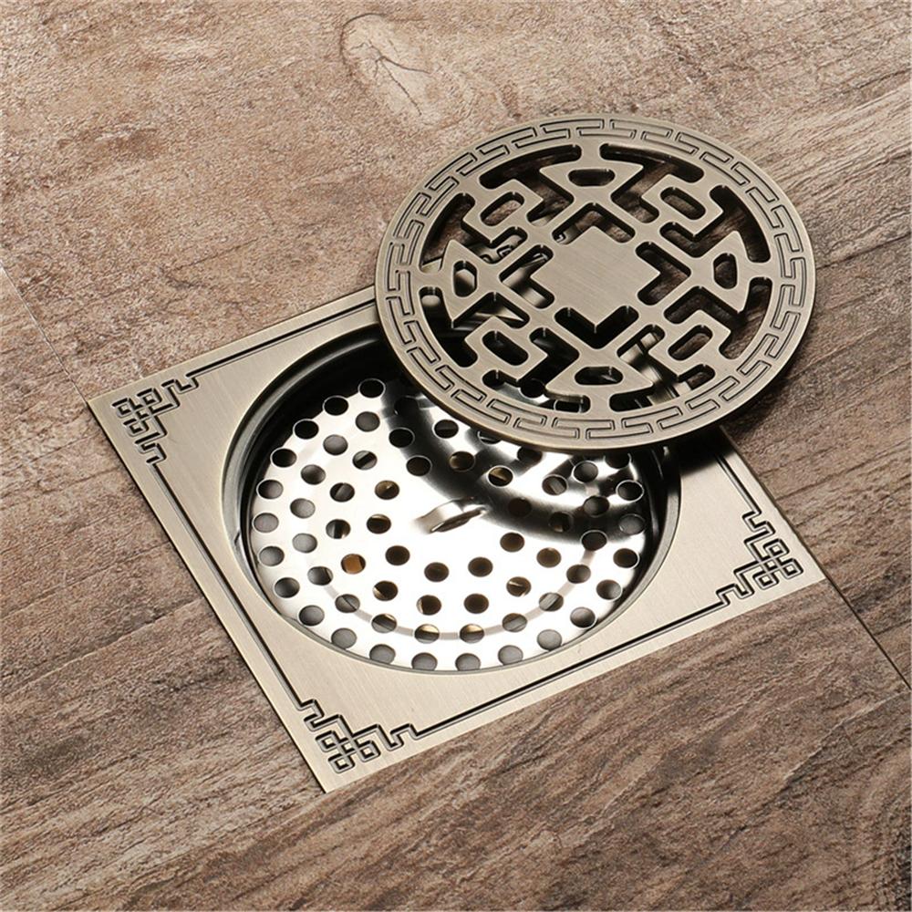 Antique Floor Drains 10x10cm Brass Shower Floor Drain Bathroom Deodorant Euro Square Floor Drain Strainer Cover Grate Waste
