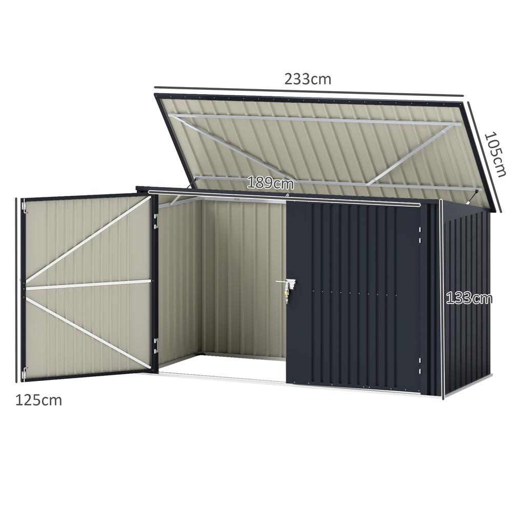 Steel Bin Shed for 3 Bins of 240L with 2 Doors and Lid, 233x105x118.5/133 Cm, Dark Grey