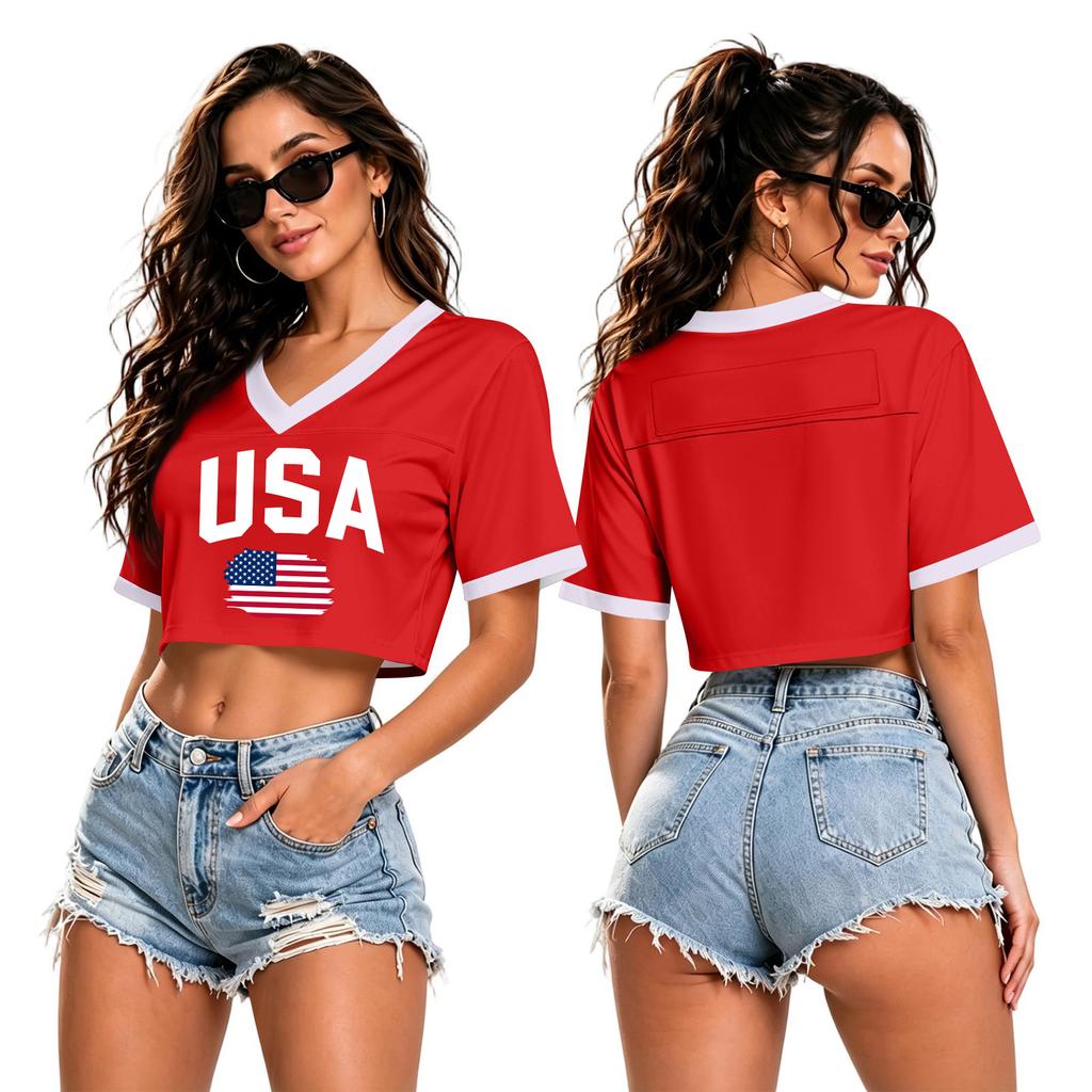 Crop Top Femme Col en V Manches Courtes Imprimé USA Coupe Ample T-shirt pour Événements Sportifs et Usage Quotidien Tissu Confortable