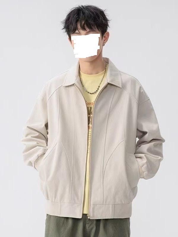 Men's American Retro Versatile Loose Jacket - Autumn Solid Color Fashion with Simple Lapel and Zipper