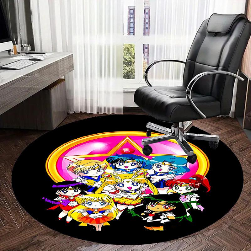 1pc Sailor Moon Characters Group Round Carpet, Made of Polyester,Perfect for Decorating Office Chairs, Living Rooms, A Vibrant Decorative Rug